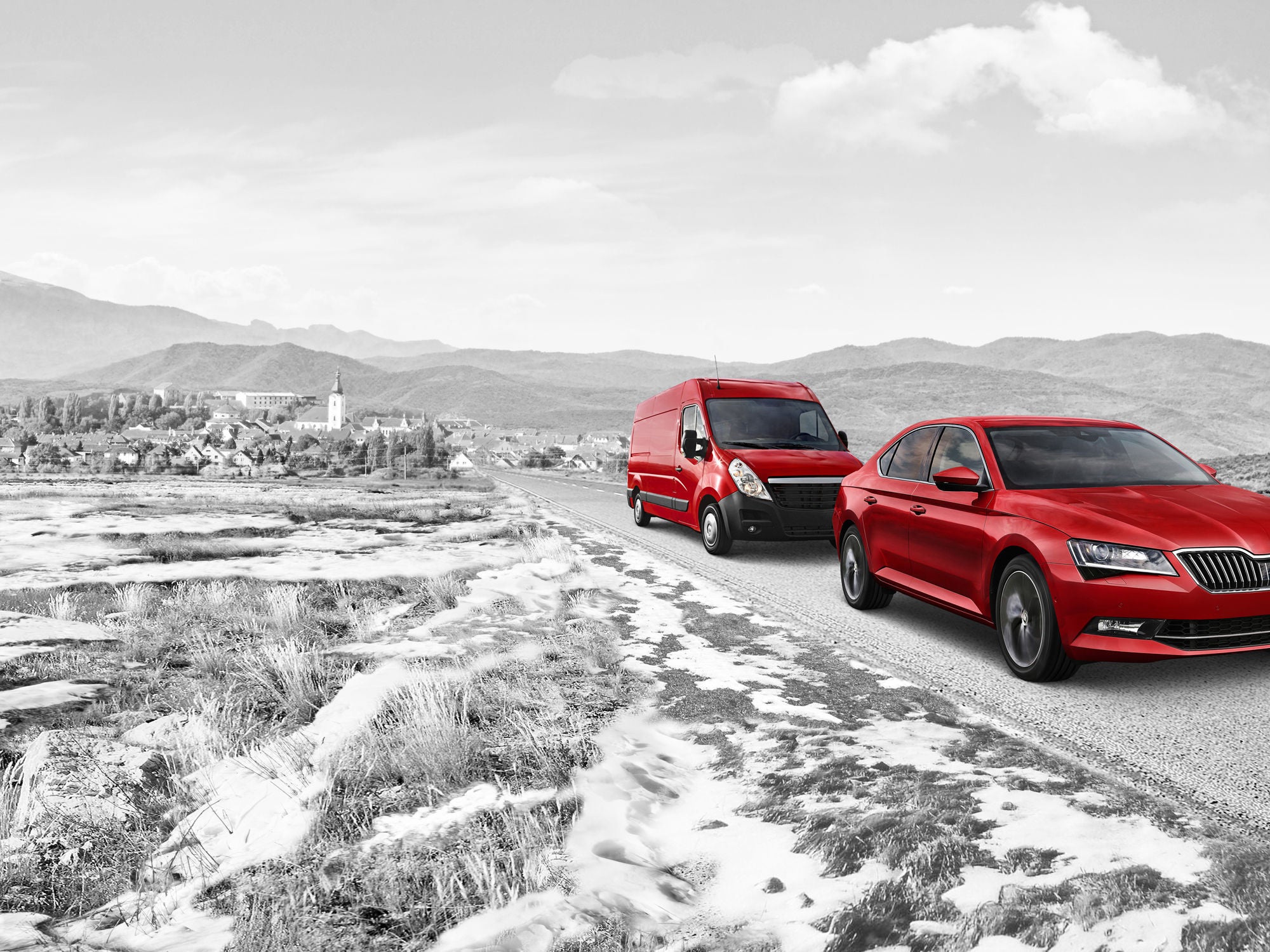 Matador 2018 Visual 2-Cars Matador 2018 Visual 2-Cars - Red Cars on road with Village and Hills in Backround