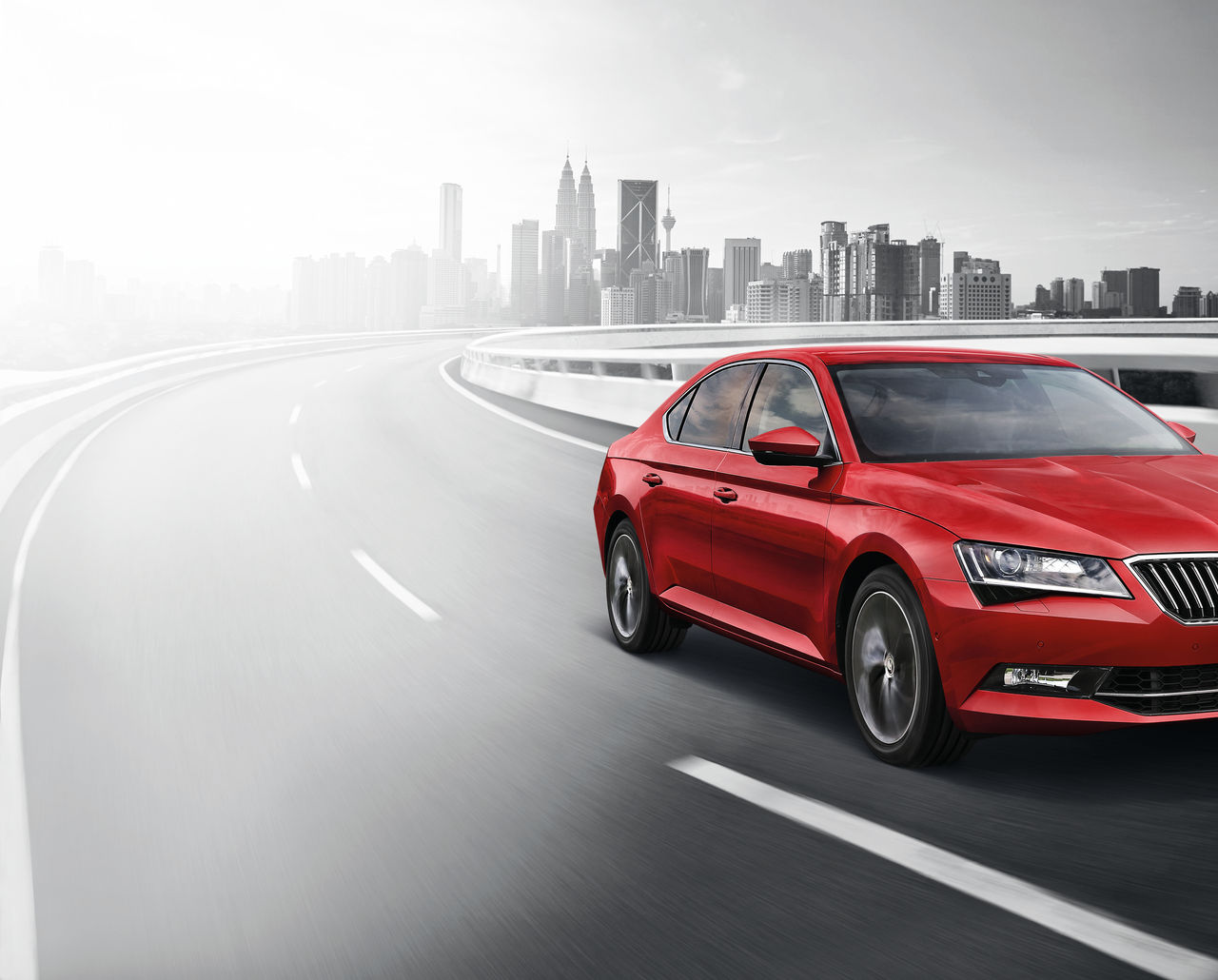 Matador 2017 Visual Red Car - Car on Road with City-Skyline in Backround